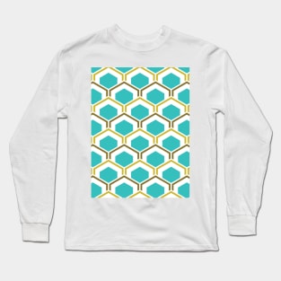 Teal Gold Geometric Mod Pattern Print Bestagon Hex Long Sleeve T-Shirt